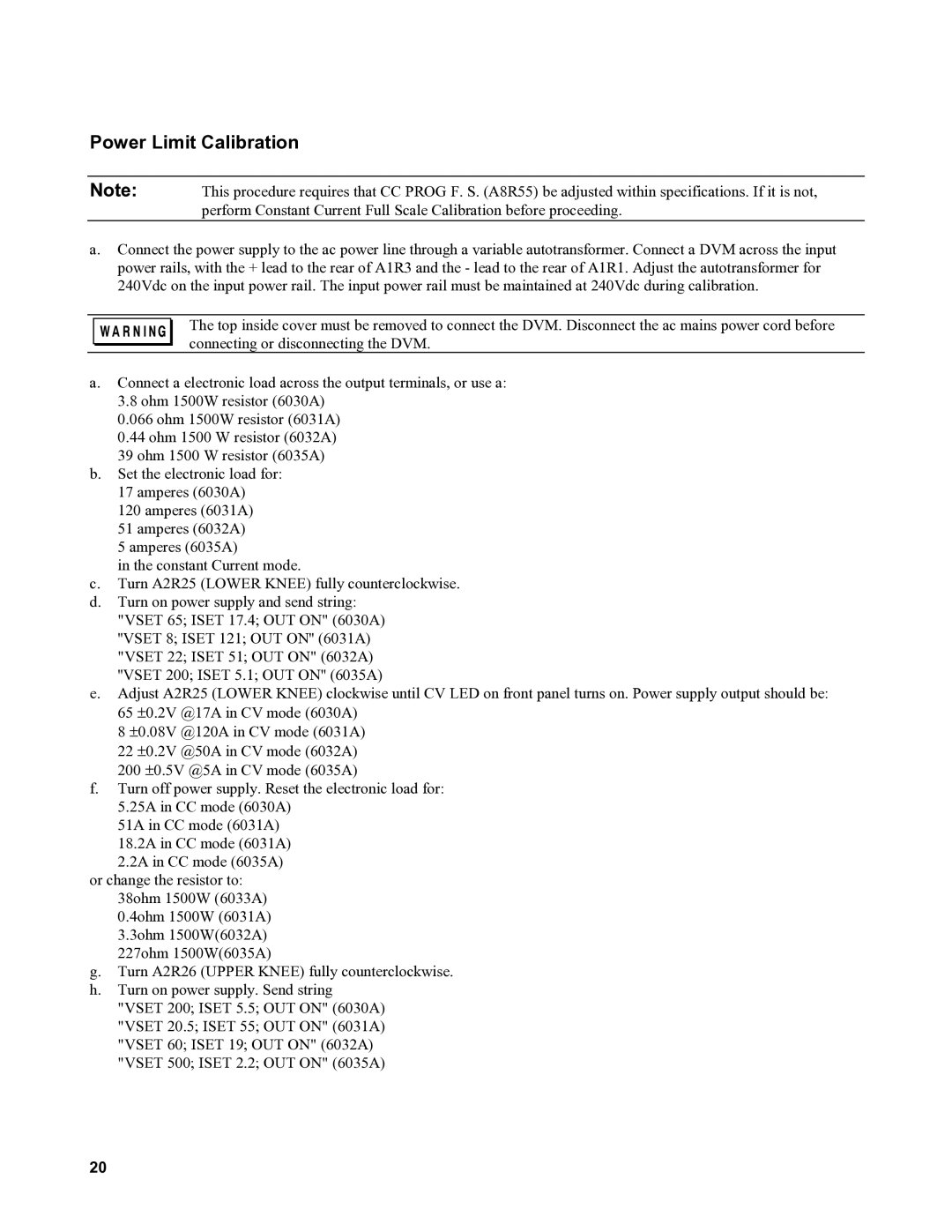 Agilent Technologies 6030A, 6035A, 6031A, 6032A service manual Power Limit Calibration 