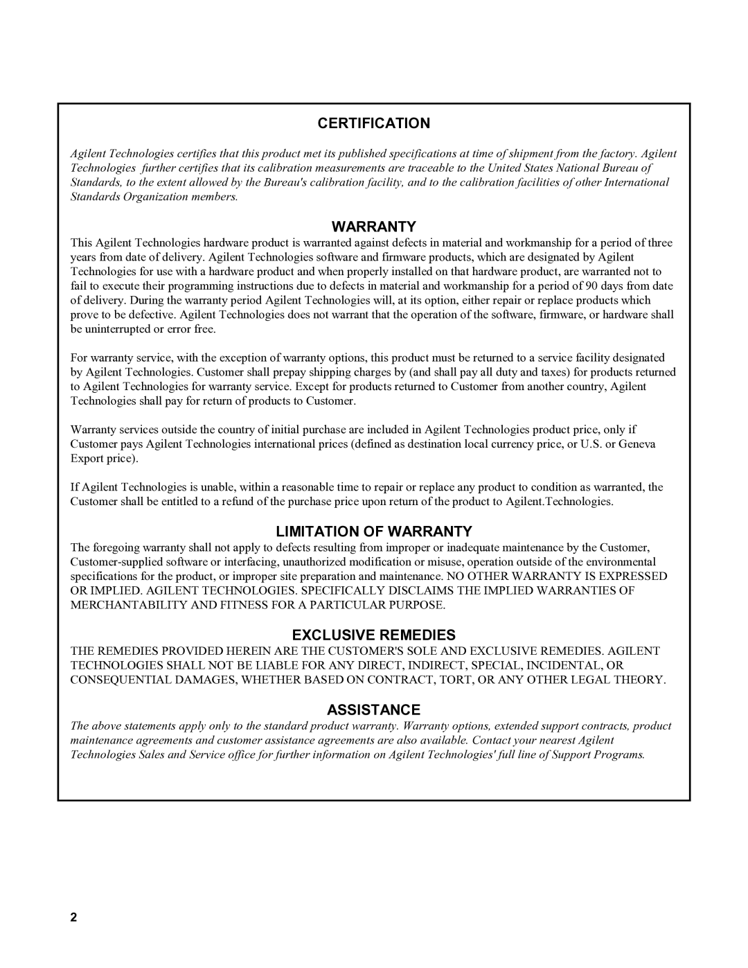 Agilent Technologies 6032A, 6035A, 6031A, 6030A service manual Certification 