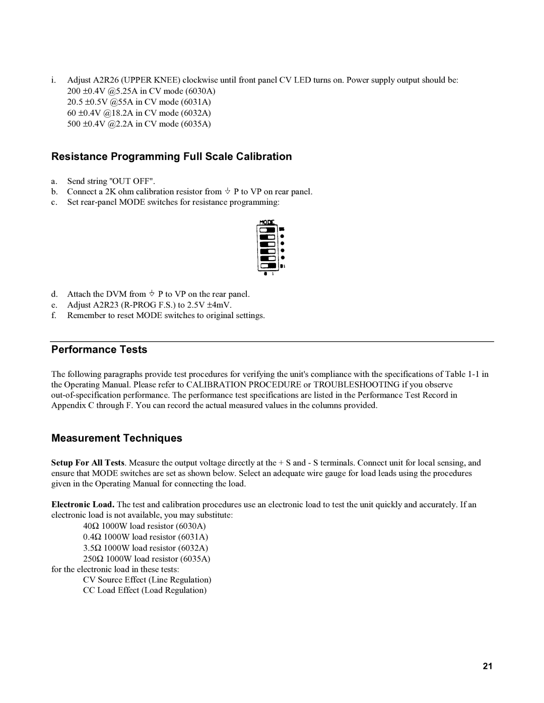 Agilent Technologies 6035A, 6031A Resistance Programming Full Scale Calibration, Performance Tests, Measurement Techniques 