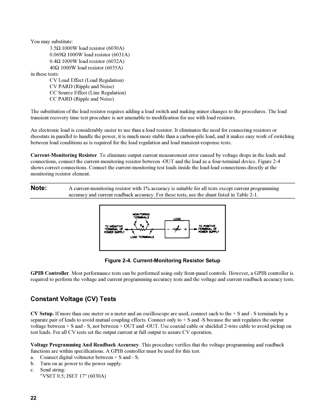 Agilent Technologies 6031A, 6035A, 6032A, 6030A service manual Constant Voltage CV Tests, Current-Monitoring Resistor Setup 