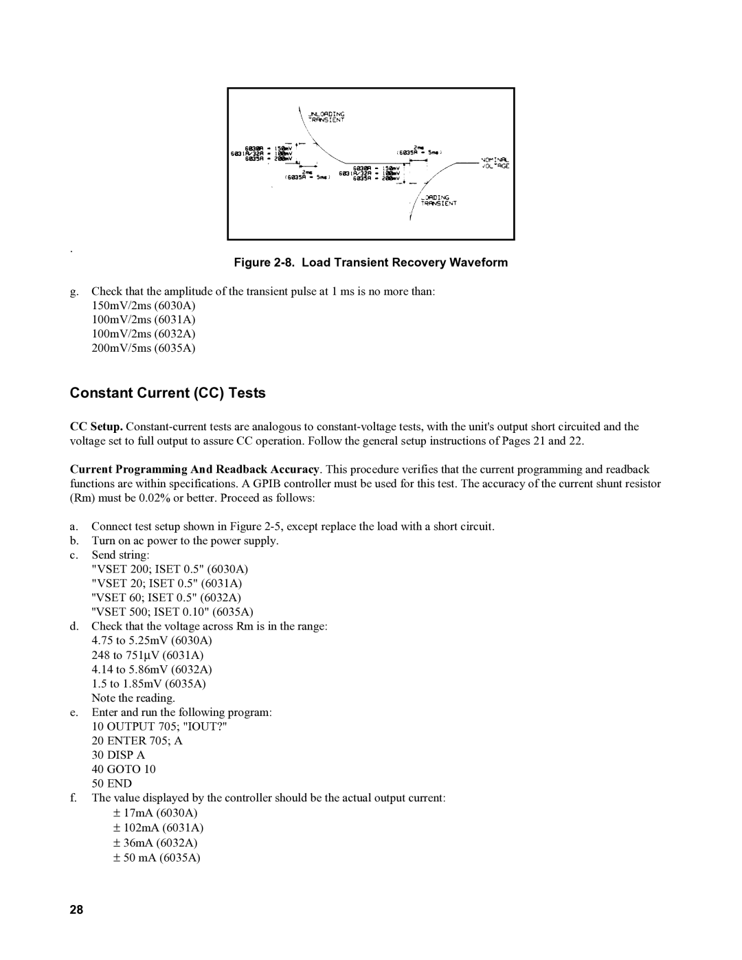 Agilent Technologies 6030A, 6035A, 6031A, 6032A service manual Constant Current CC Tests, Load Transient Recovery Waveform 