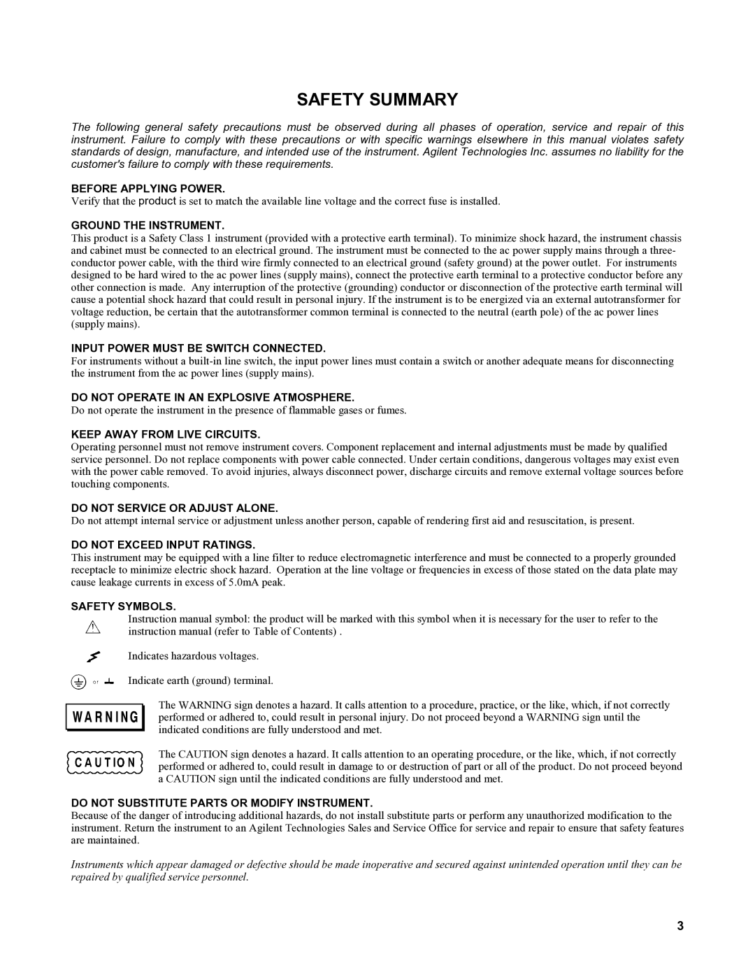 Agilent Technologies 6030A, 6035A, 6031A, 6032A service manual Safety Summary 