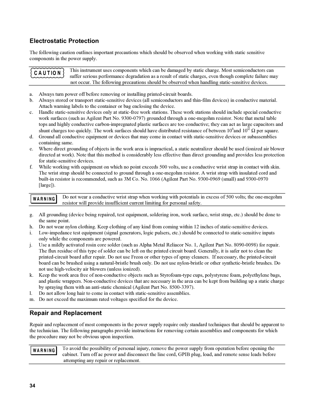 Agilent Technologies 6035A, 6031A, 6032A, 6030A service manual Electrostatic Protection, Repair and Replacement 