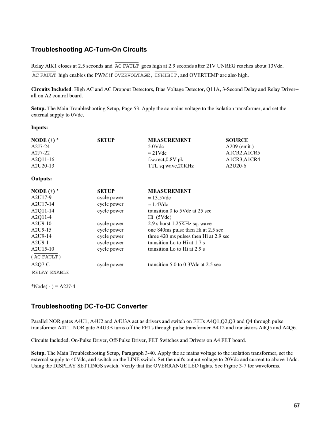 Agilent Technologies 6030A, 6035A Troubleshooting AC-Turn-On Circuits, Troubleshooting DC-To-DC Converter, Inputs Node + 