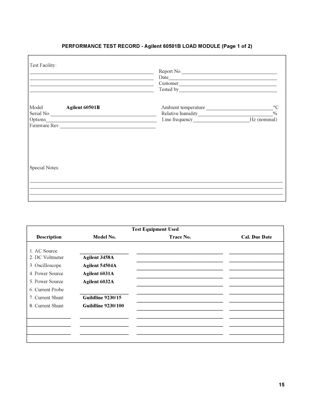 Agilent Technologies 60502B service manual Performance Test Record Agilent 60501B Load Module Page 1 