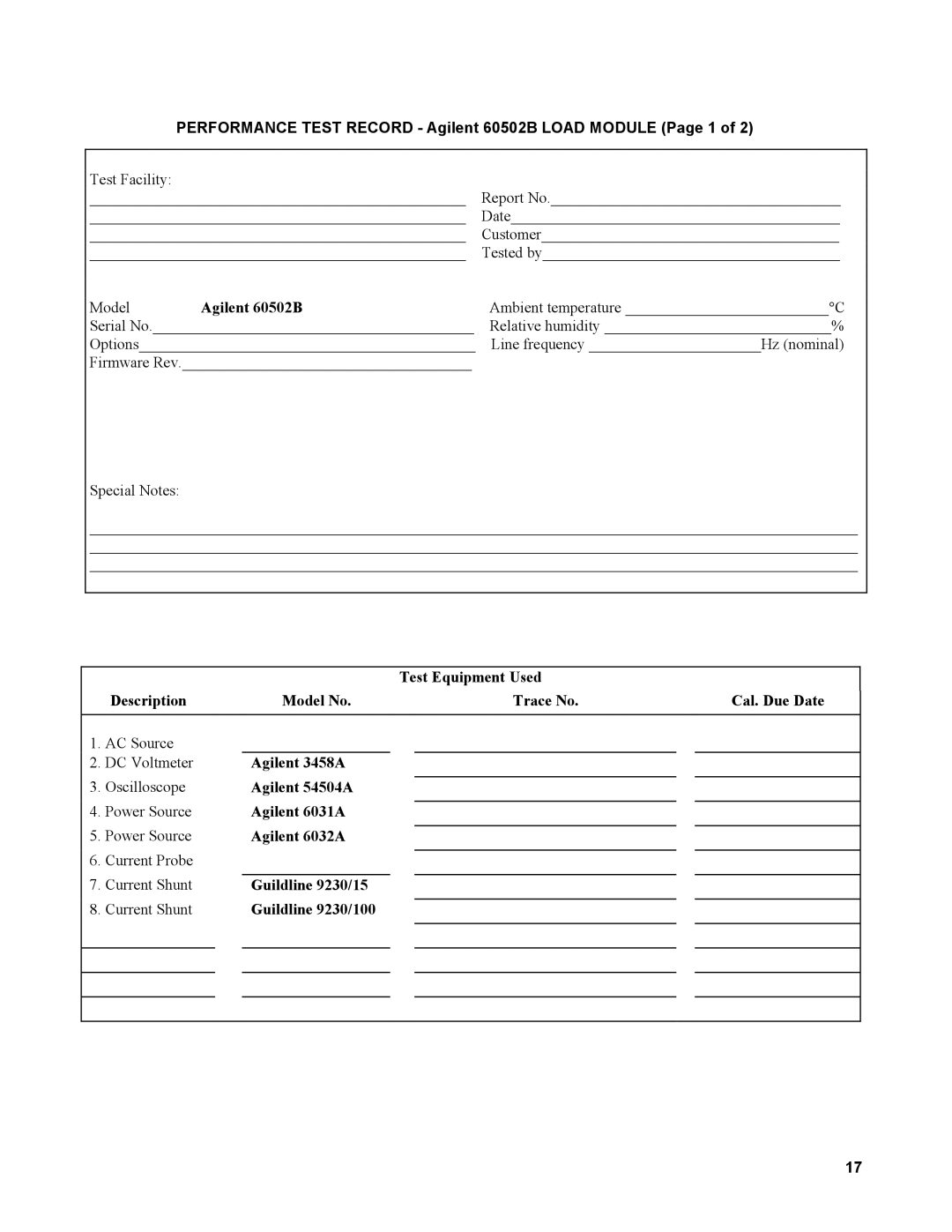 Agilent Technologies 60501B service manual Performance Test Record Agilent 60502B Load Module Page 1 