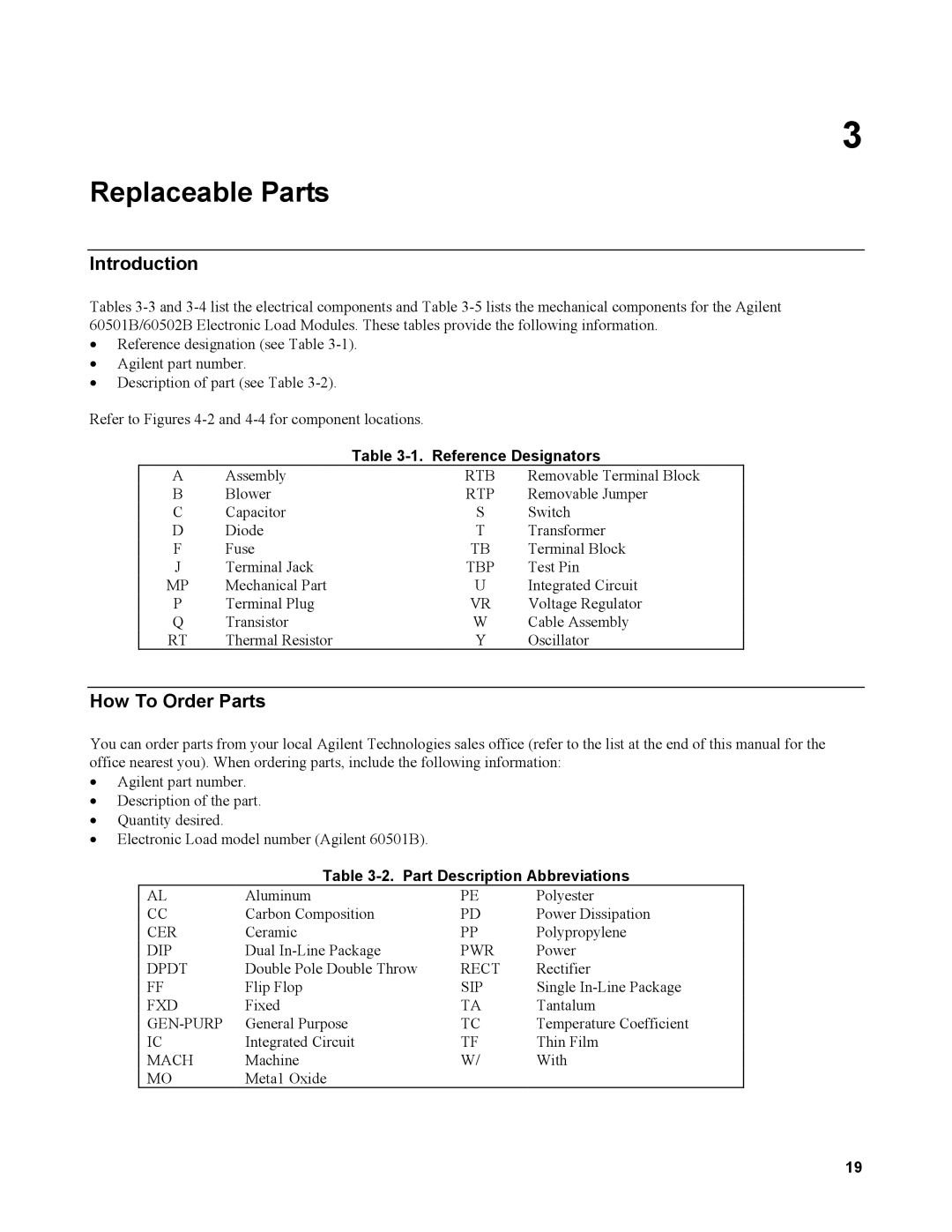 Agilent Technologies 60502B, 60501B service manual How To Order Parts, Reference Designators, Part Description Abbreviations 