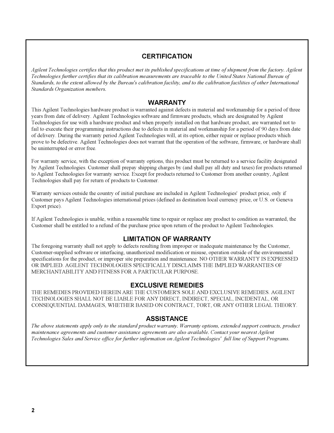 Agilent Technologies 60501B, 60502B service manual Certification 