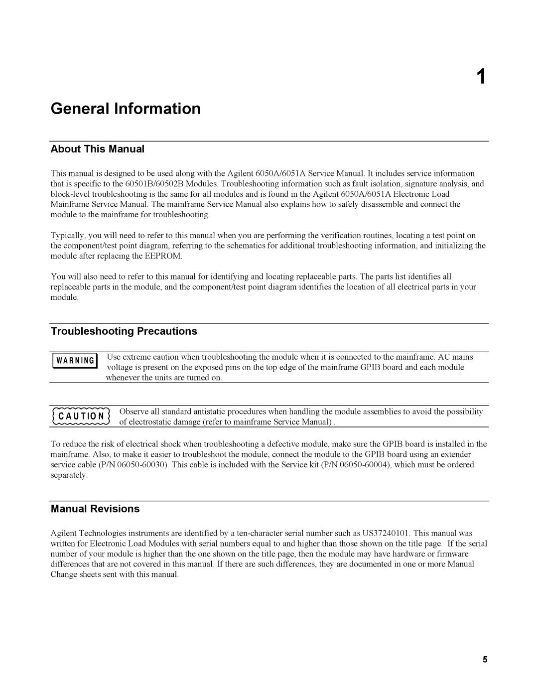 Agilent Technologies 60502B, 60501B service manual About This Manual, Troubleshooting Precautions, Manual Revisions 