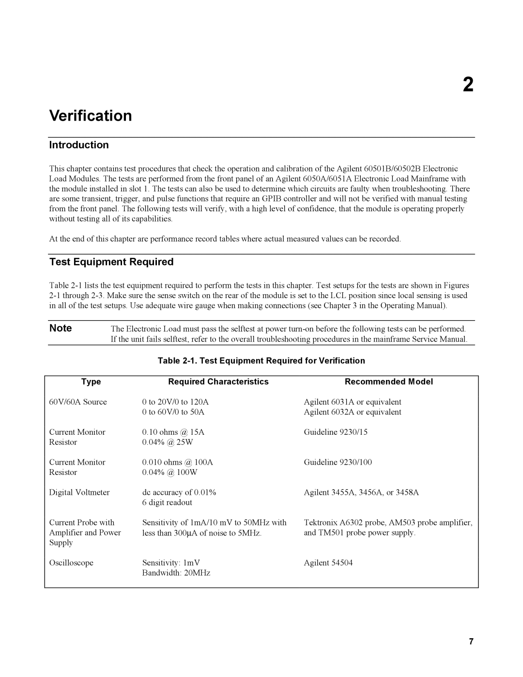 Agilent Technologies 60502B, 60501B service manual Introduction, Test Equipment Required 