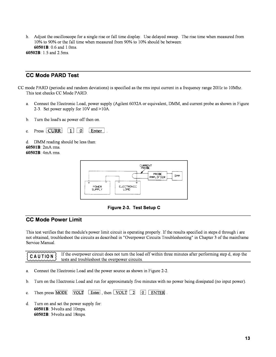 Agilent Technologies 60502B, 60501B service manual CC Mode PARD Test, CC Mode Power Limit, 3. Test Setup C 