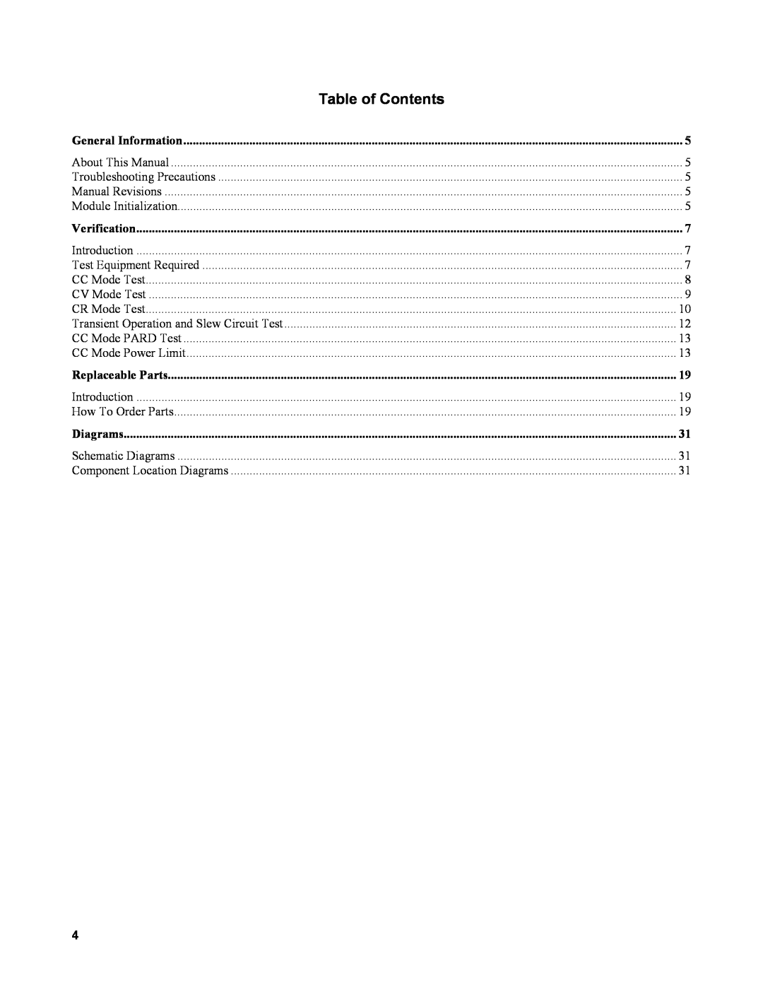 Agilent Technologies 60501B, 60502B Table of Contents, General Information, Verification, Replaceable Parts, Diagrams 