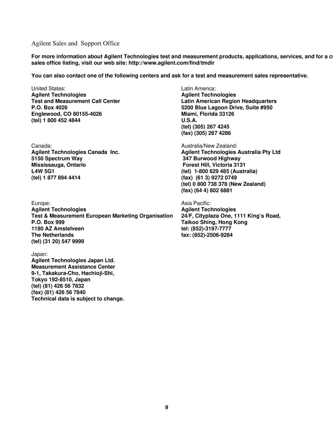 Agilent Technologies 60502B manual Agilent Sales and Support Office 