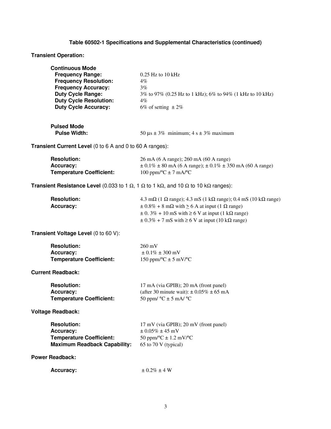 Agilent Technologies 60502B manual Frequency Resolution Frequency Accuracy Duty Cycle Range, Pulsed Mode Pulse Width 