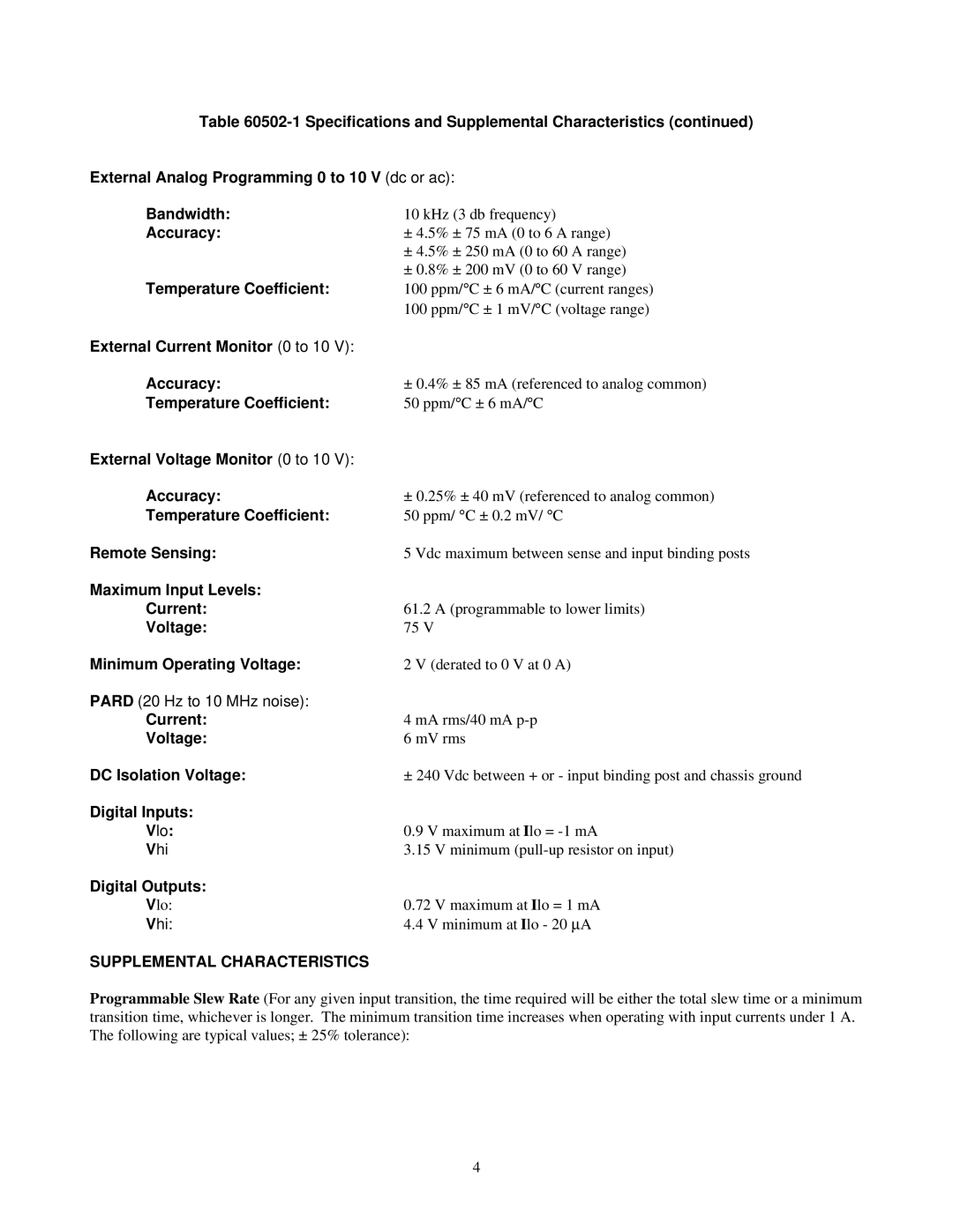 Agilent Technologies 60502B manual Supplemental Characteristics 