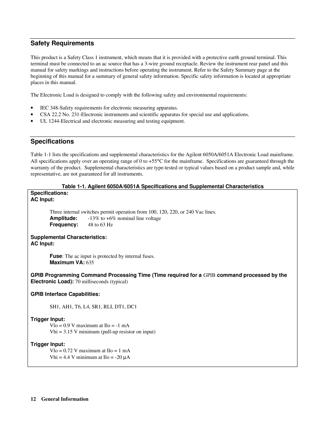 Agilent Technologies 6050A, 6051A manual Safety Requirements, Specifications 