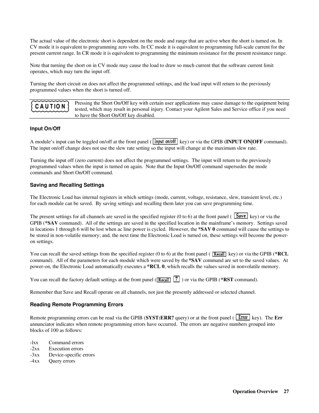 Agilent Technologies 6051A, 6050A manual Input On/Off, Saving and Recalling Settings, Reading Remote Programming Errors 