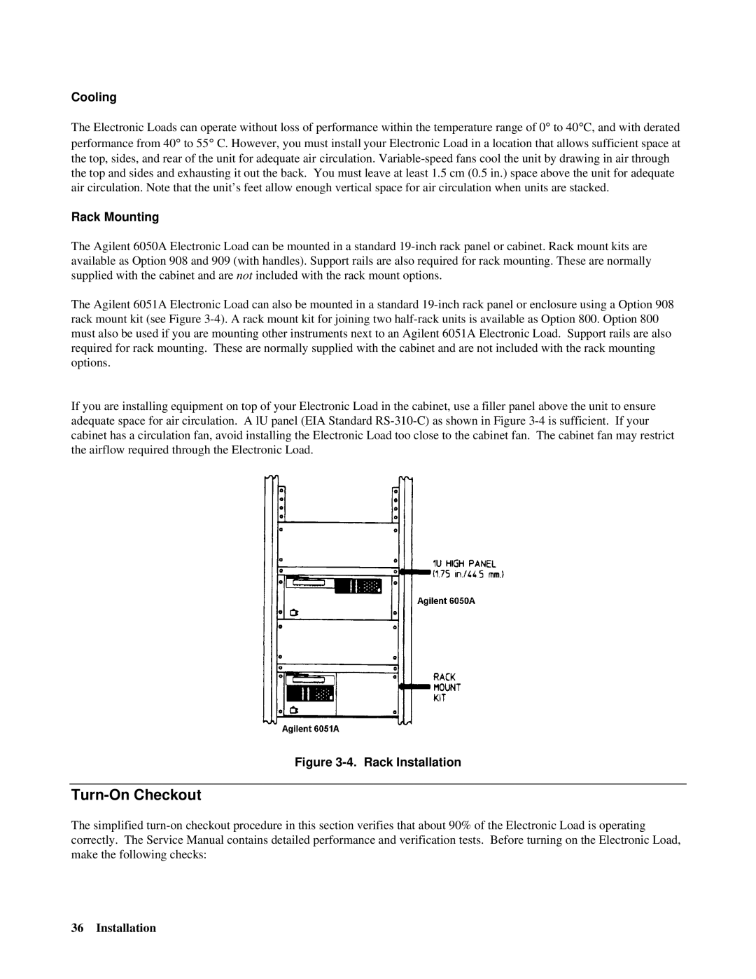 Agilent Technologies 6050A, 6051A manual Turn-On Checkout, Cooling, Rack Mounting 