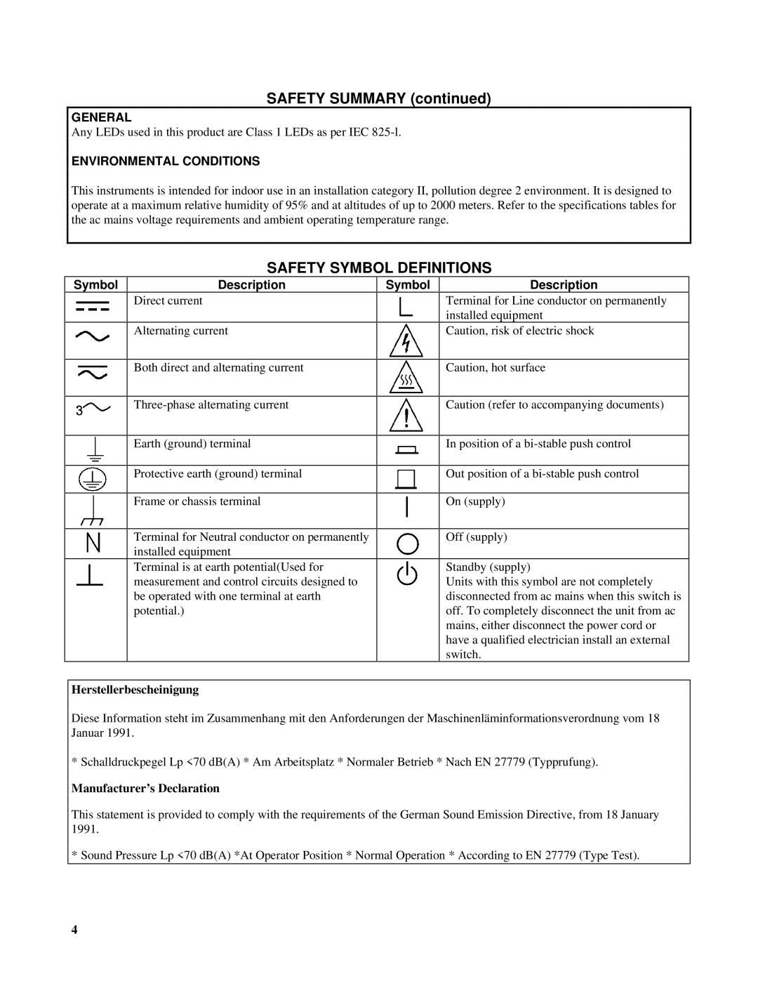 Agilent Technologies 6050A, 6051A Safety Summary, Symbol Description, Herstellerbescheinigung, Manufacturer’s Declaration 