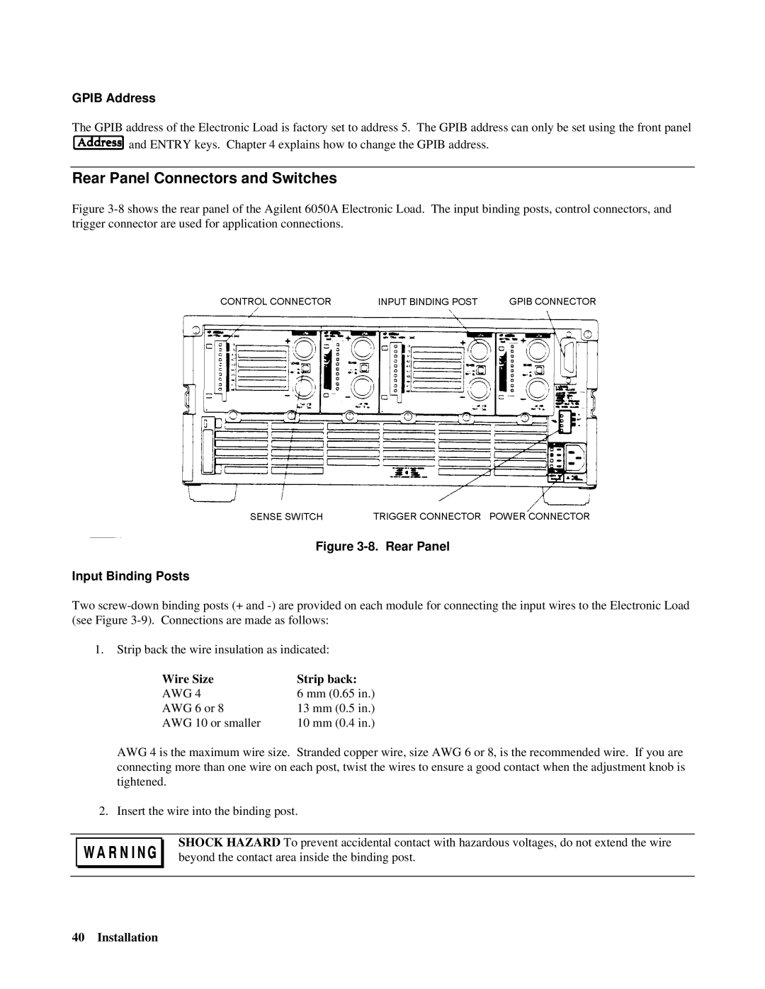 Agilent Technologies 6050A, 6051A manual Rear Panel Connectors and Switches, Gpib Address, Wire Size Strip back, Awg 