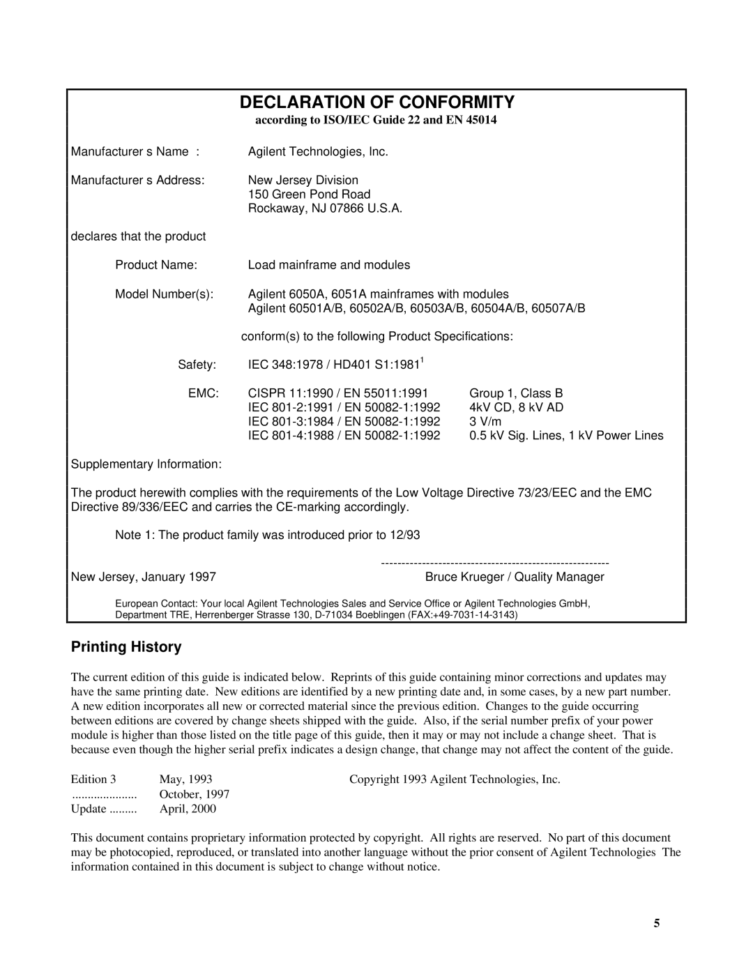 Agilent Technologies 6051A, 6050A manual Printing History 