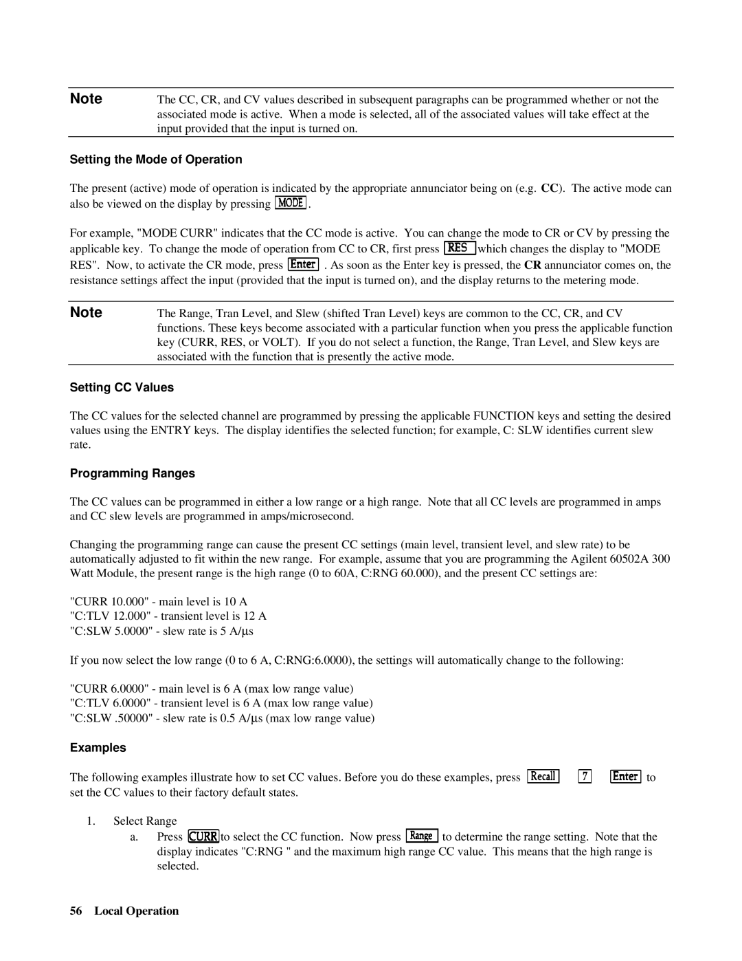 Agilent Technologies 6050A, 6051A manual Setting the Mode of Operation, Setting CC Values, Programming Ranges, Examples 