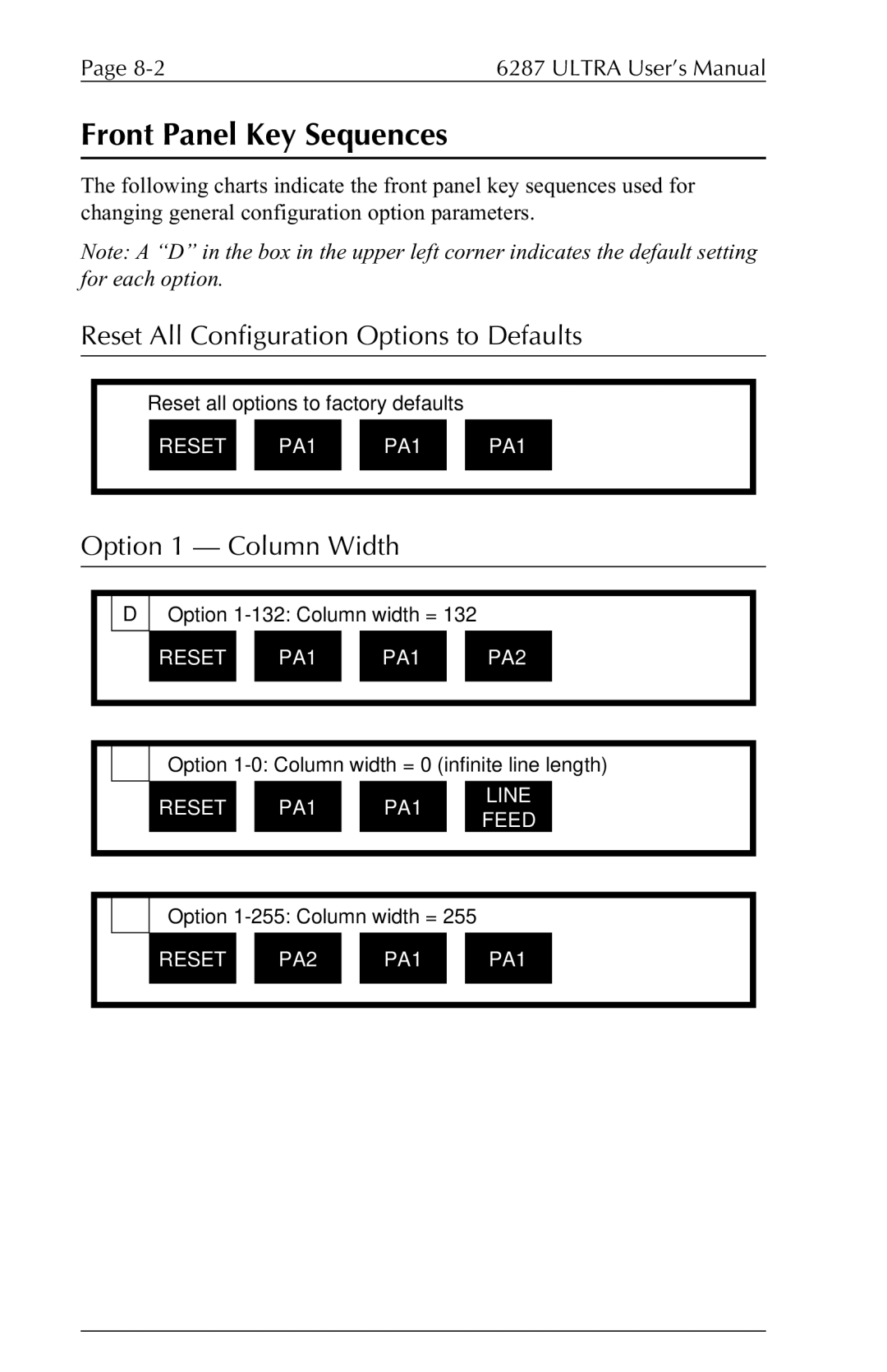 Agilent Technologies 6287 Front Panel Key Sequences, Reset All Configuration Options to Defaults, Option 1 Column Width 