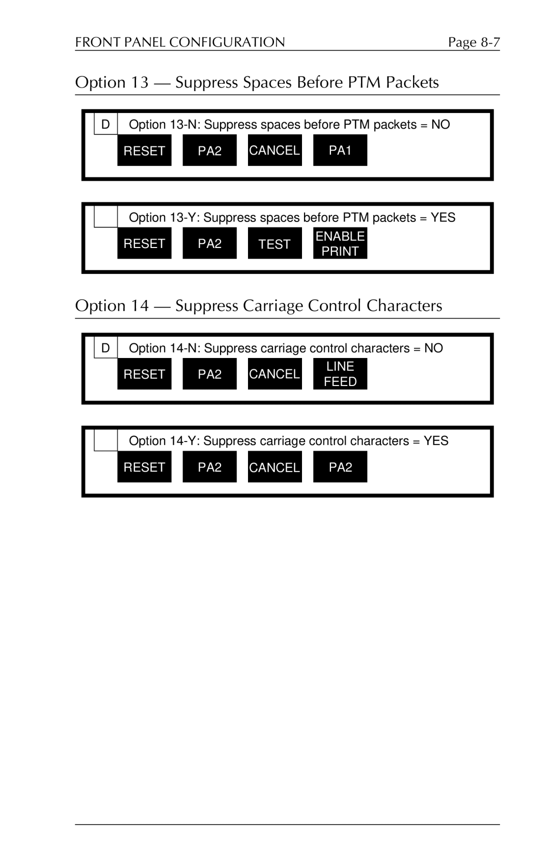 Agilent Technologies 6287 Option 13 Suppress Spaces Before PTM Packets, Option 14 Suppress Carriage Control Characters 