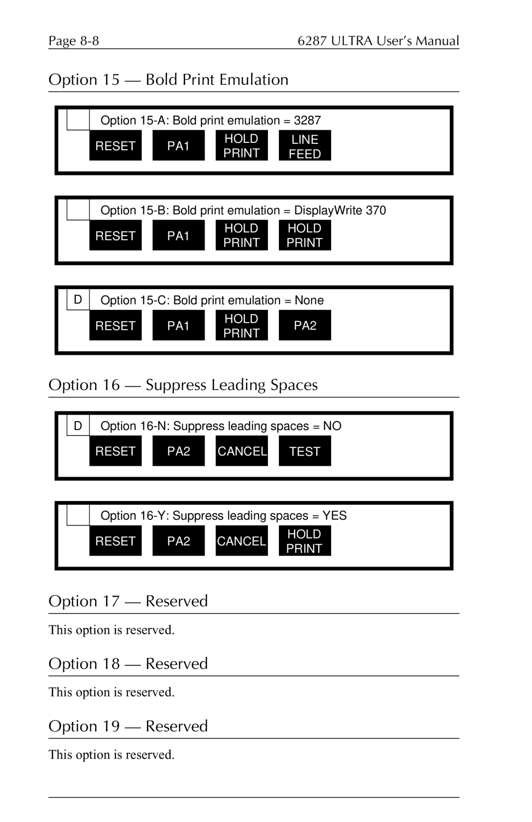 Agilent Technologies 6287 manual Option 15 Bold Print Emulation, Option 16 Suppress Leading Spaces, Option 17 Reserved 