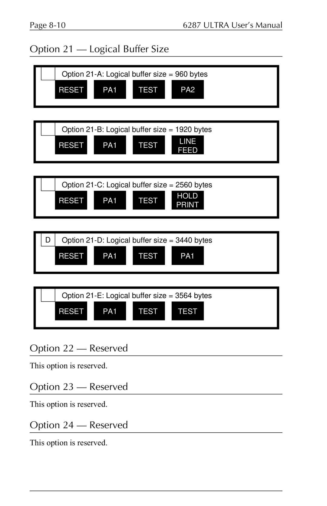 Agilent Technologies 6287 manual Option 21 Logical Buffer Size, Option 22 Reserved, Option 23 Reserved, Option 24 Reserved 