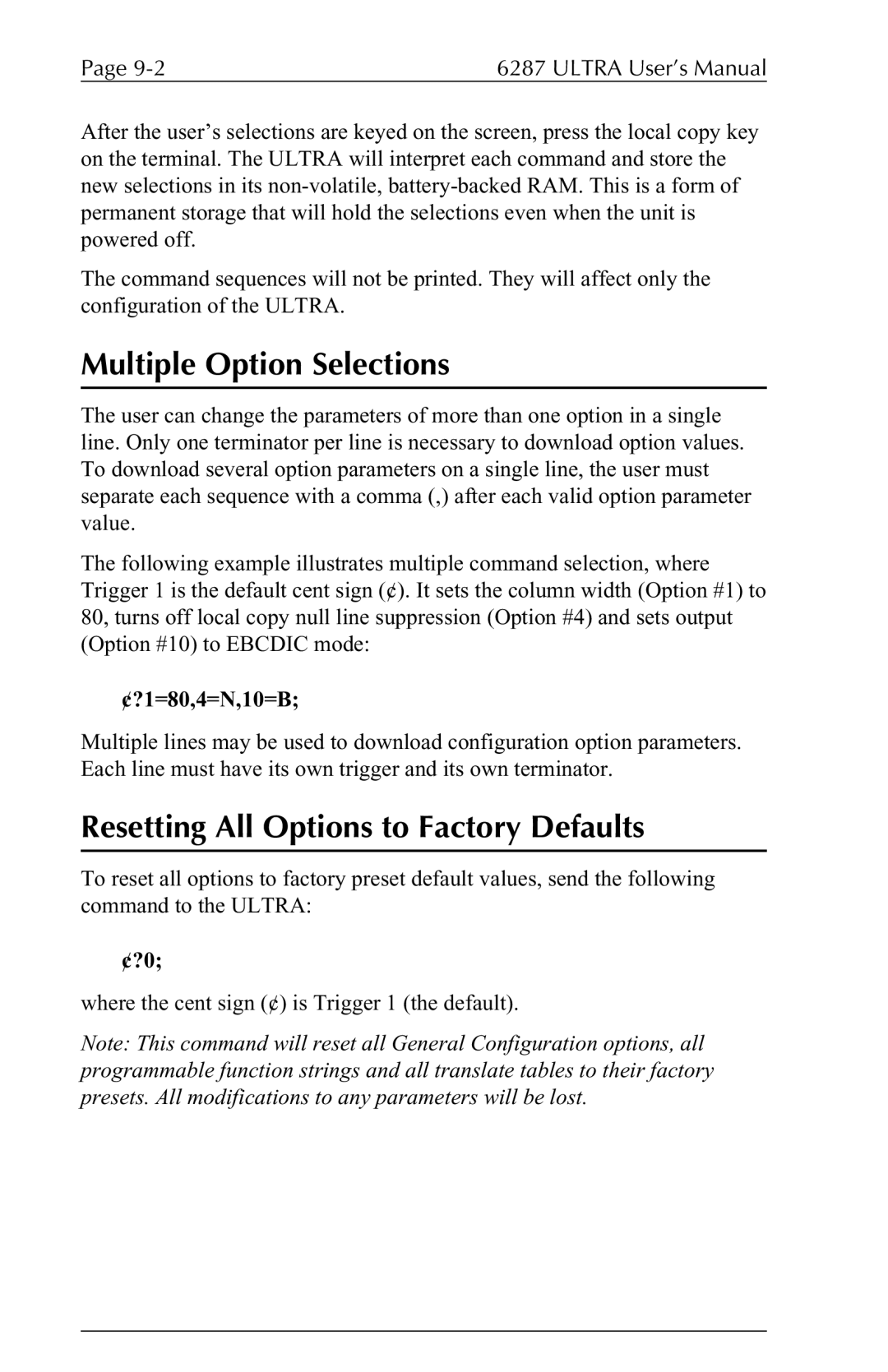 Agilent Technologies 6287 manual Multiple Option Selections, Resetting All Options to Factory Defaults 