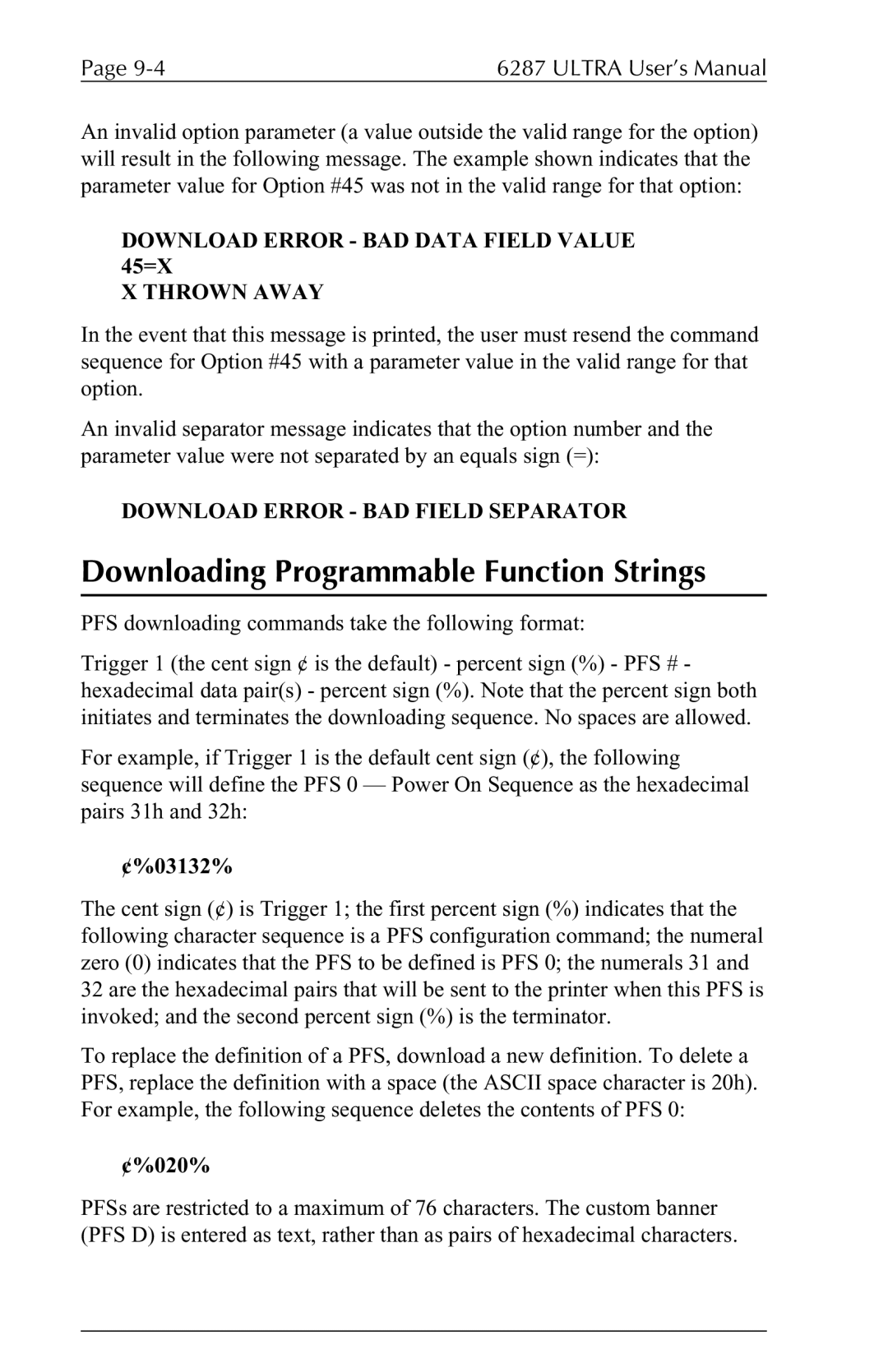 Agilent Technologies 6287 Downloading Programmable Function Strings, Download Error BAD Data Field Value 45=X Thrown Away 