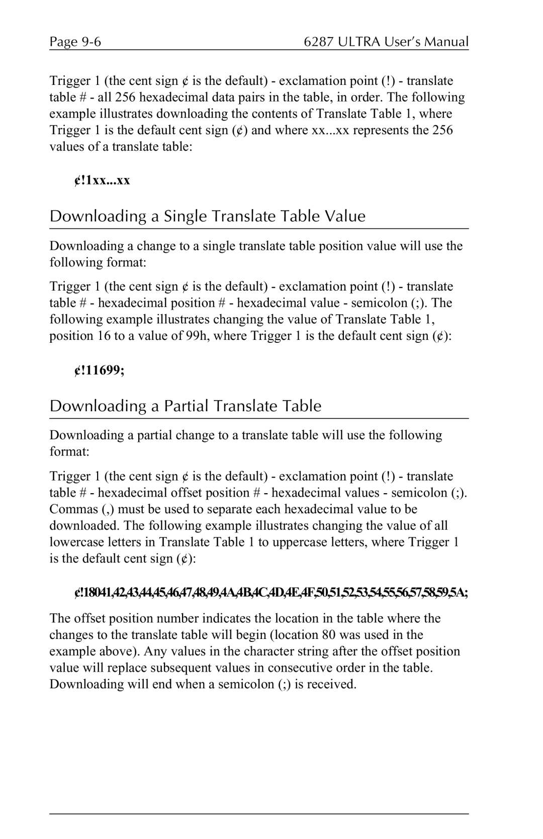 Agilent Technologies 6287 manual Downloading a Single Translate Table Value, Downloading a Partial Translate Table 