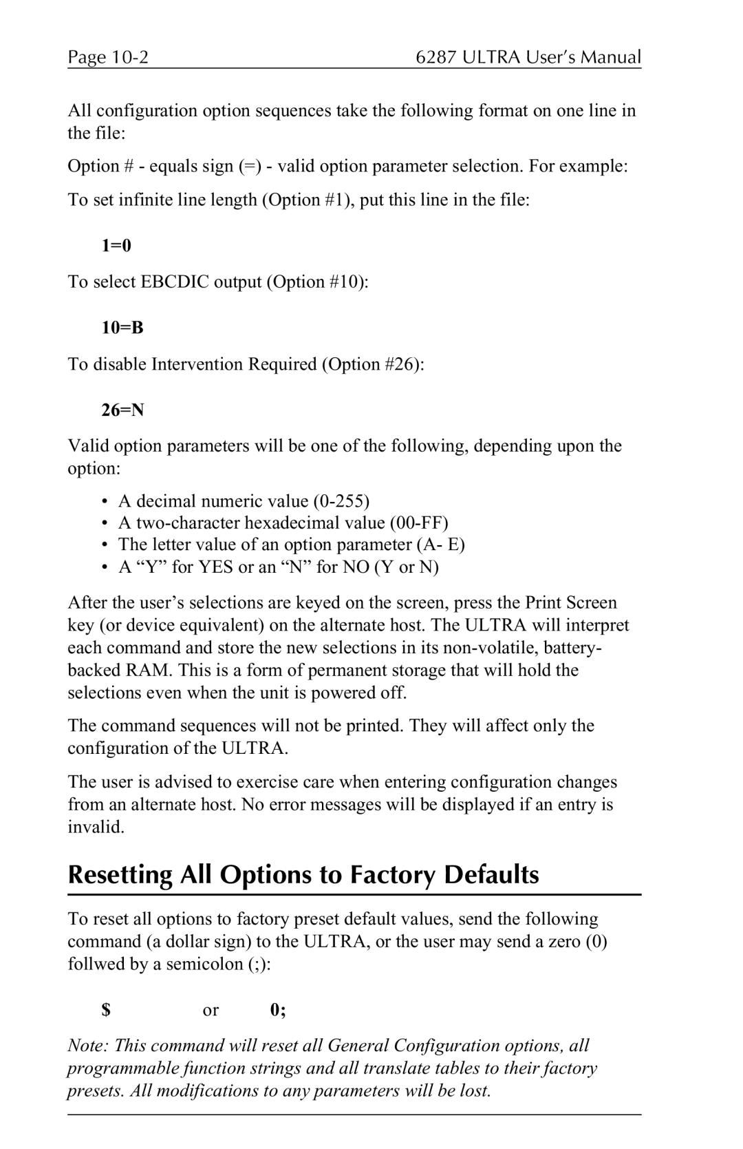 Agilent Technologies 6287 manual Resetting All Options to Factory Defaults 