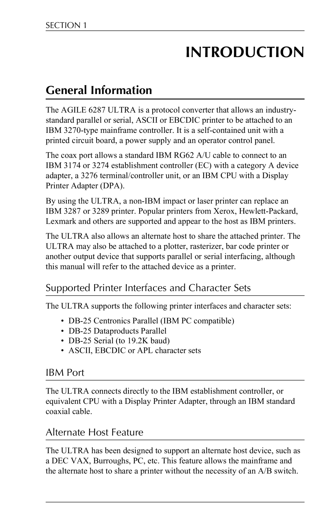 Agilent Technologies 6287 Introduction, General Information, Supported Printer Interfaces and Character Sets, IBM Port 