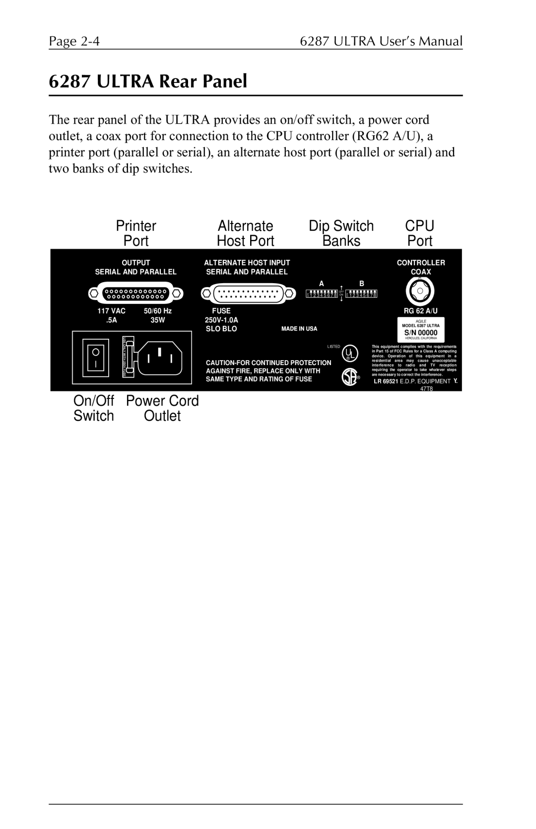 Agilent Technologies 6287 manual Ultra Rear Panel, Cpu 