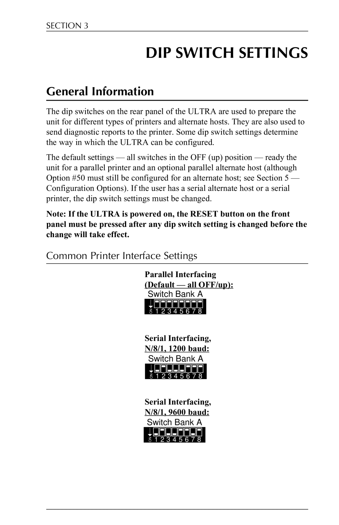 Agilent Technologies 6287 manual DIP Switch Settings, Common Printer Interface Settings 