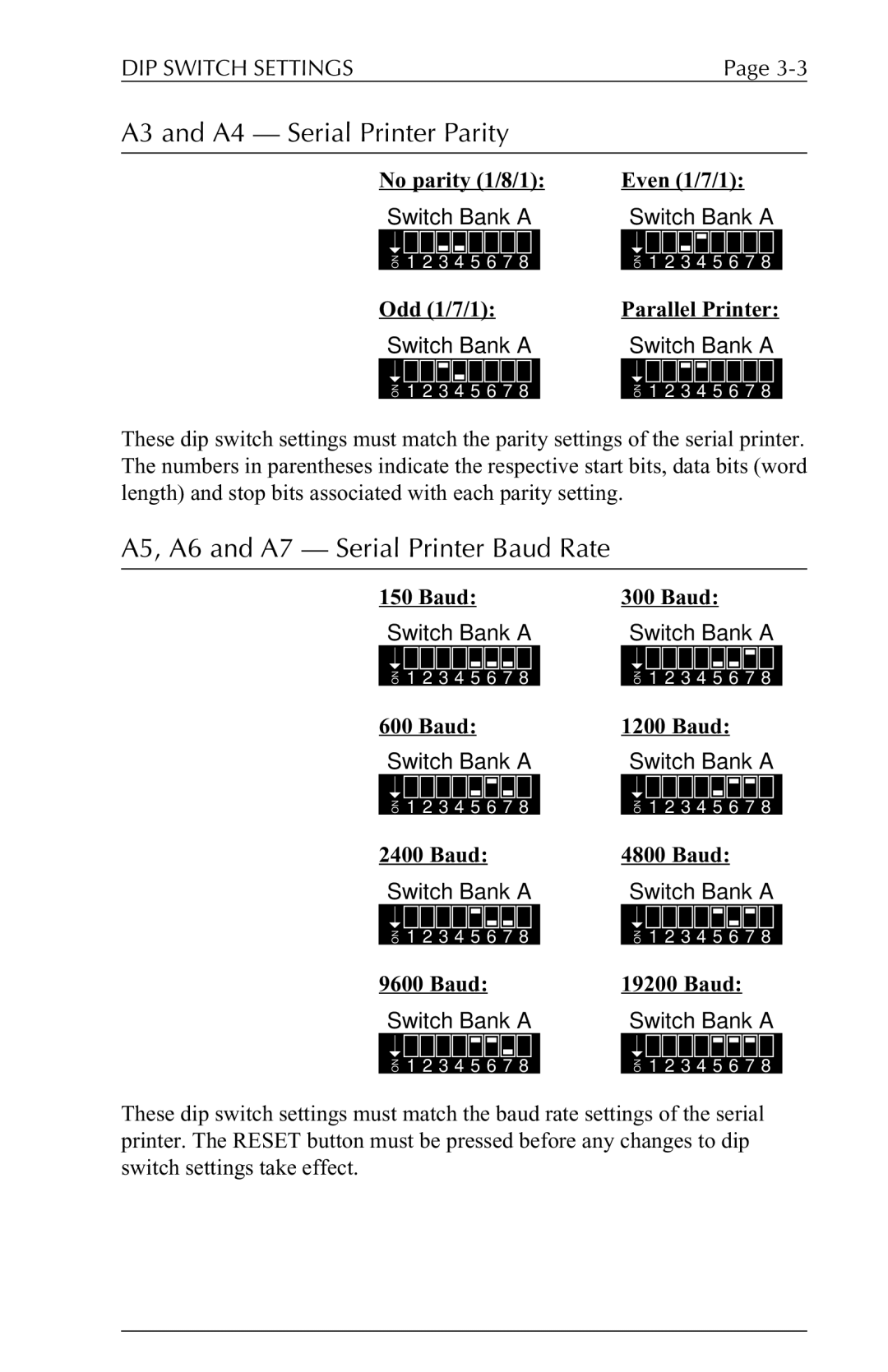 Agilent Technologies 6287 A3 and A4 Serial Printer Parity, A5, A6 and A7 Serial Printer Baud Rate, DIP Switch Settings 