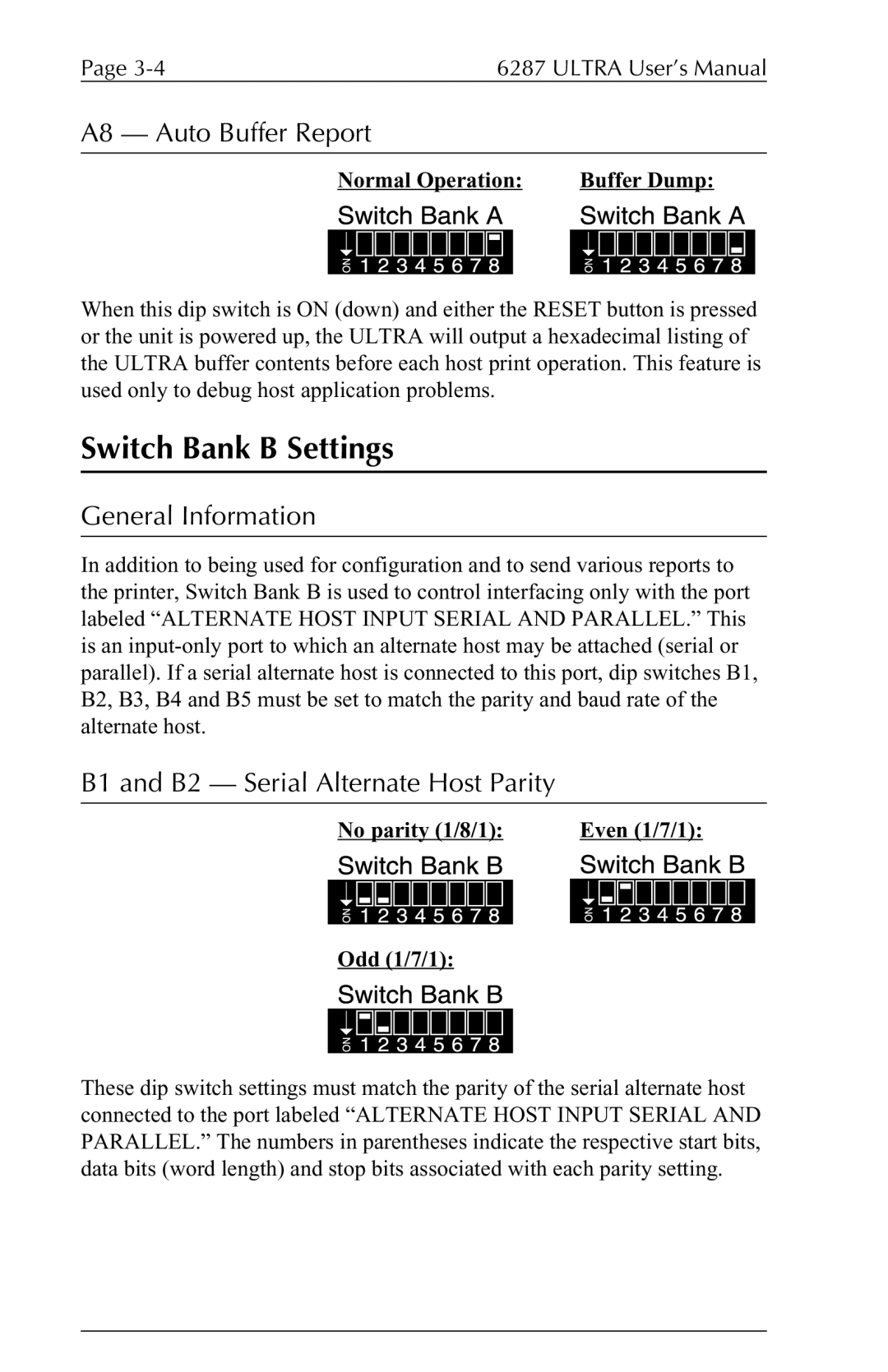 Agilent Technologies 6287 manual Switch Bank B Settings, A8 Auto Buffer Report, B1 and B2 Serial Alternate Host Parity 