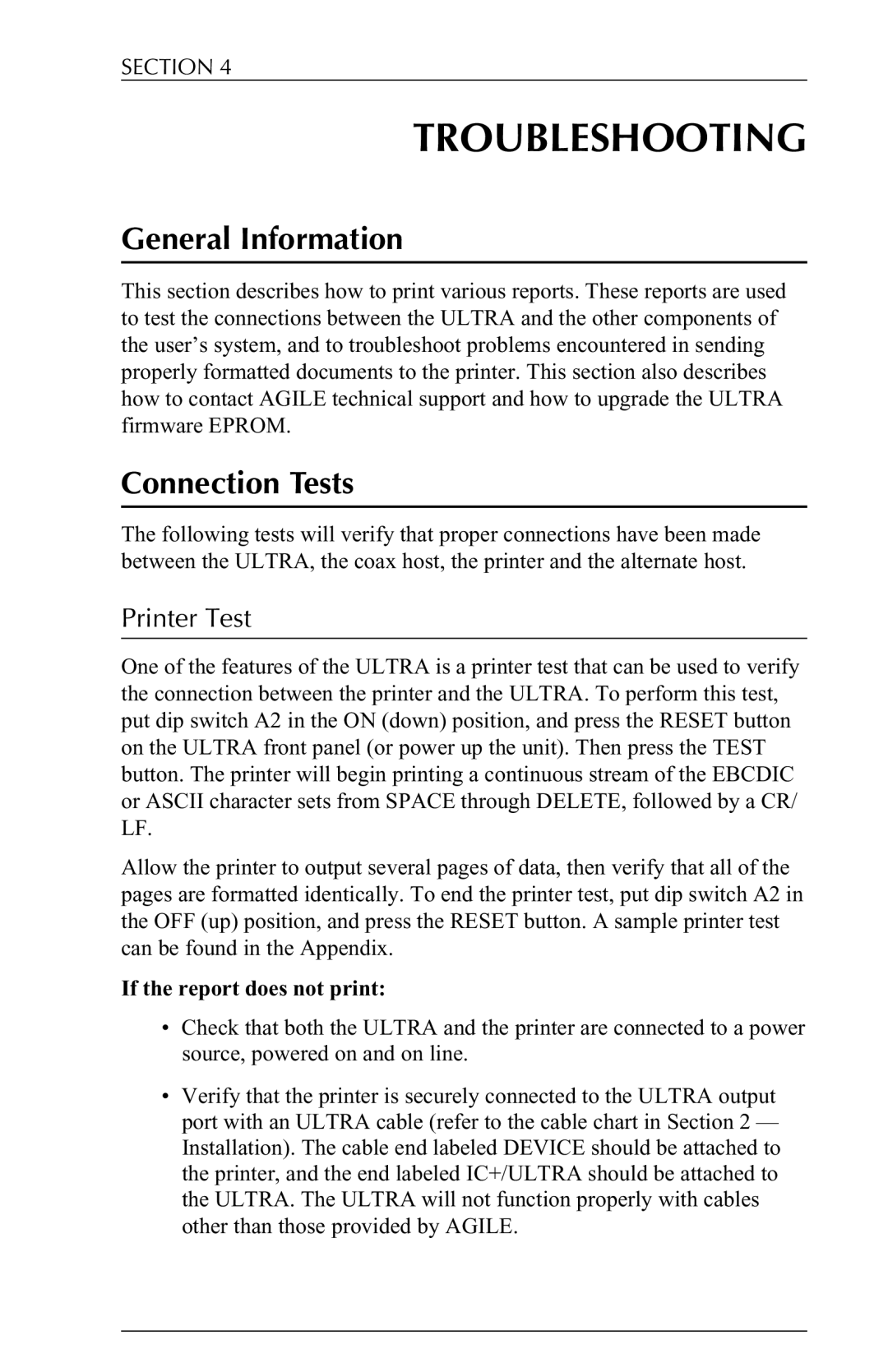 Agilent Technologies 6287 manual Troubleshooting, Connection Tests, Printer Test 