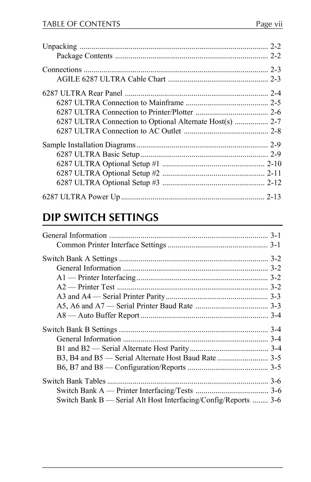 Agilent Technologies 6287 manual DIP Switch Settings, Table of Contents 