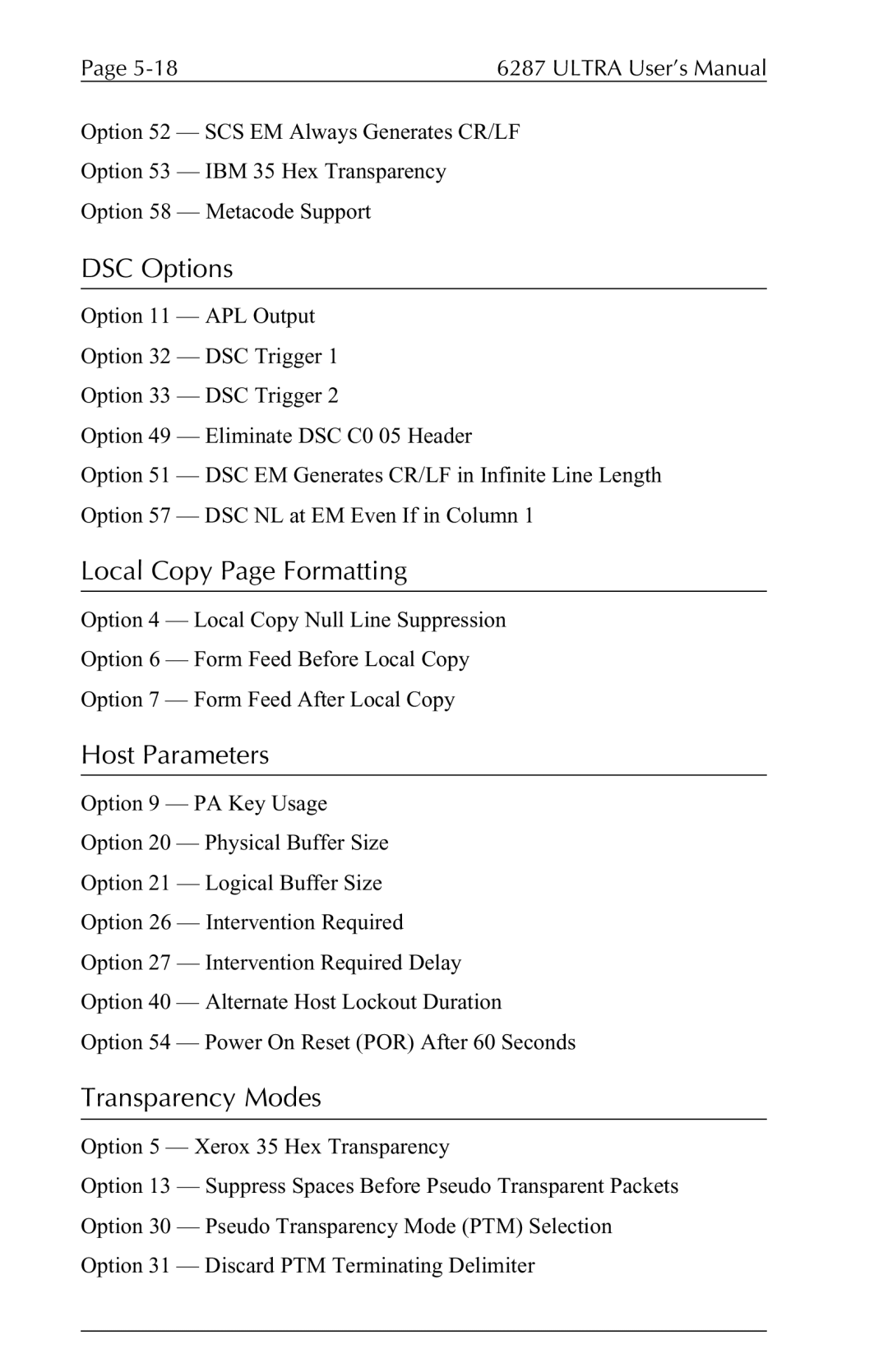 Agilent Technologies 6287 manual DSC Options, Local Copy Page Formatting, Host Parameters, Transparency Modes 