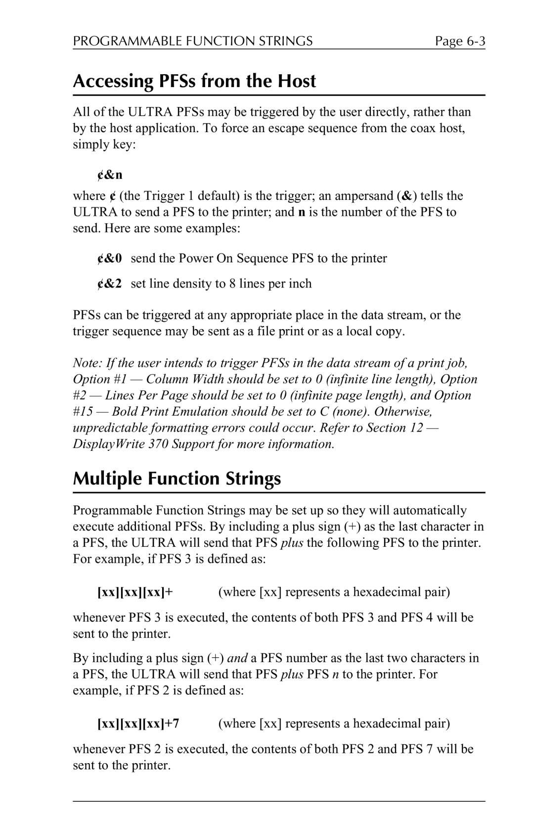 Agilent Technologies 6287 manual Accessing PFSs from the Host, Multiple Function Strings, Programmable Function Strings 