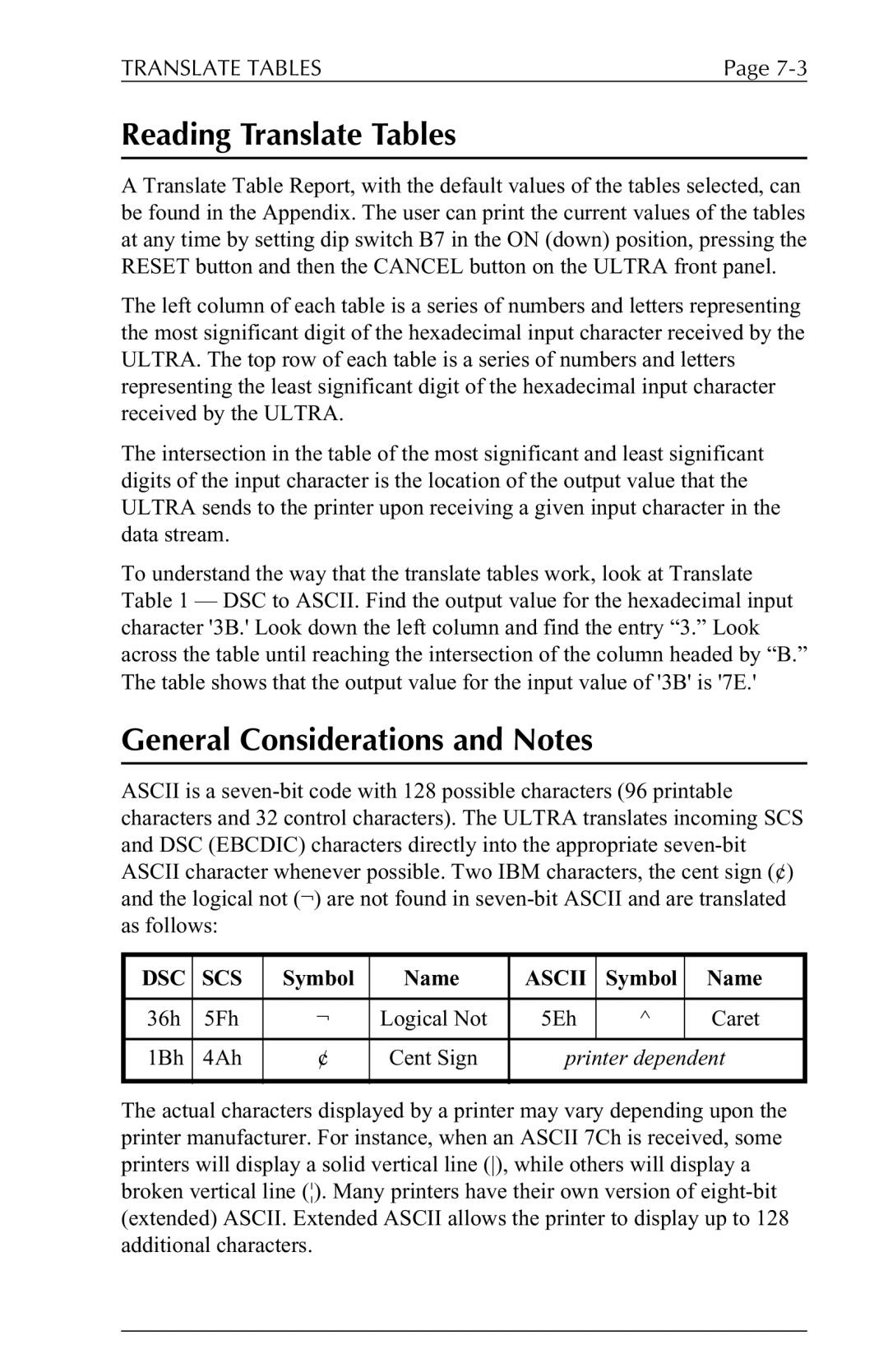 Agilent Technologies 6287 manual Reading Translate Tables, General Considerations and Notes, Dsc Scs, Ascii 