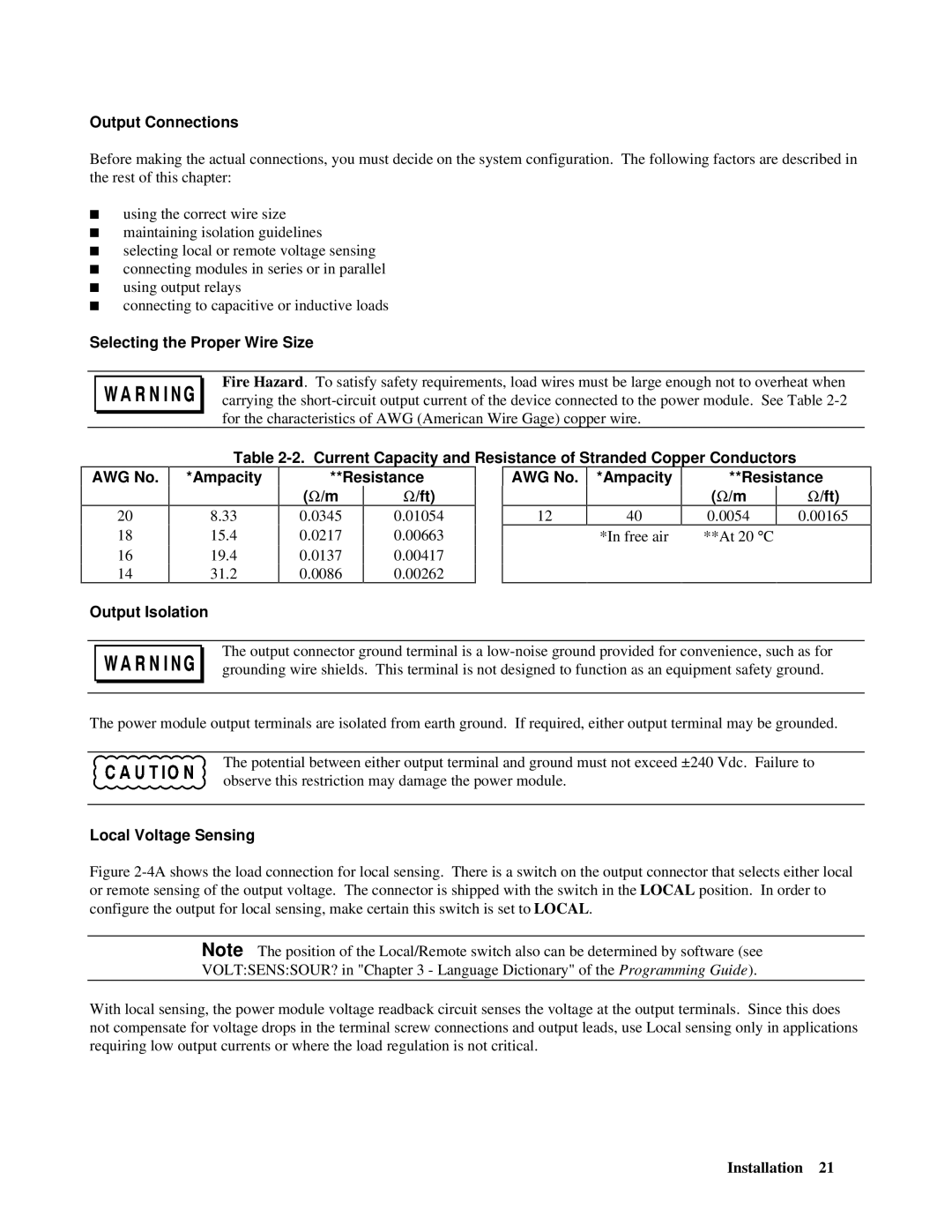 Agilent Technologies 66001A manual Output Connections, Selecting the Proper Wire Size, Resistance Ω/ft, AWG No. *Ampacity 