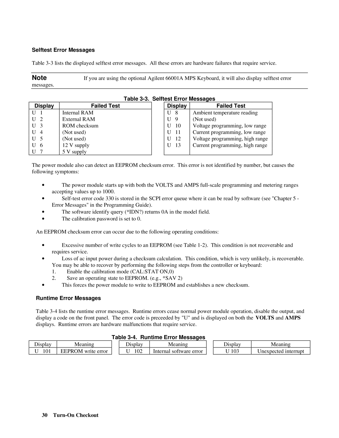 Agilent Technologies 66001A manual Selftest Error Messages, Display, Failed Test, Runtime Error Messages 