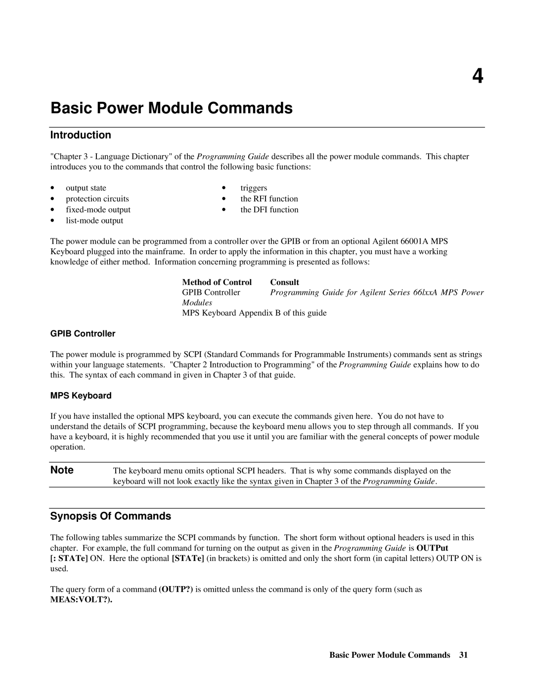 Agilent Technologies 66001A manual Basic Power Module Commands, Synopsis Of Commands, Gpib Controller, MPS Keyboard 