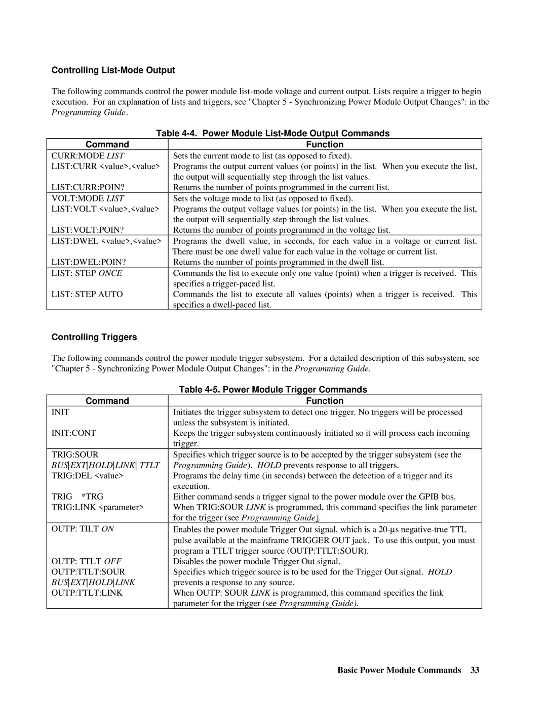 Agilent Technologies 66001A Controlling List-Mode Output, Power Module List-Mode Output Commands, Controlling Triggers 