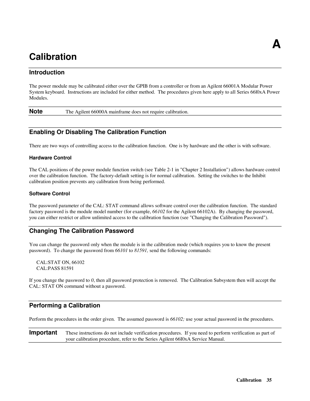 Agilent Technologies 66001A manual Enabling Or Disabling The Calibration Function, Changing The Calibration Password 