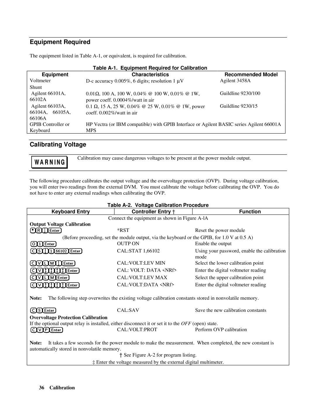 Agilent Technologies 66001A manual Equipment Required, Calibrating Voltage, Table A-2. Voltage Calibration Procedure 